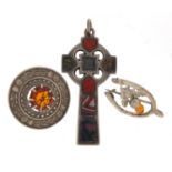 Scottish unmarked silver agate cross pendant and two citrine brooches, the largest 6cm high, total