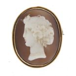 Victorian cameo maiden head brooch with gold coloured metal mount, 2cm high, 4.0g