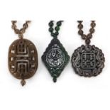 Three Chinese carved hardstone pendant bead necklaces, the largest 60cm in length, total 216.5g