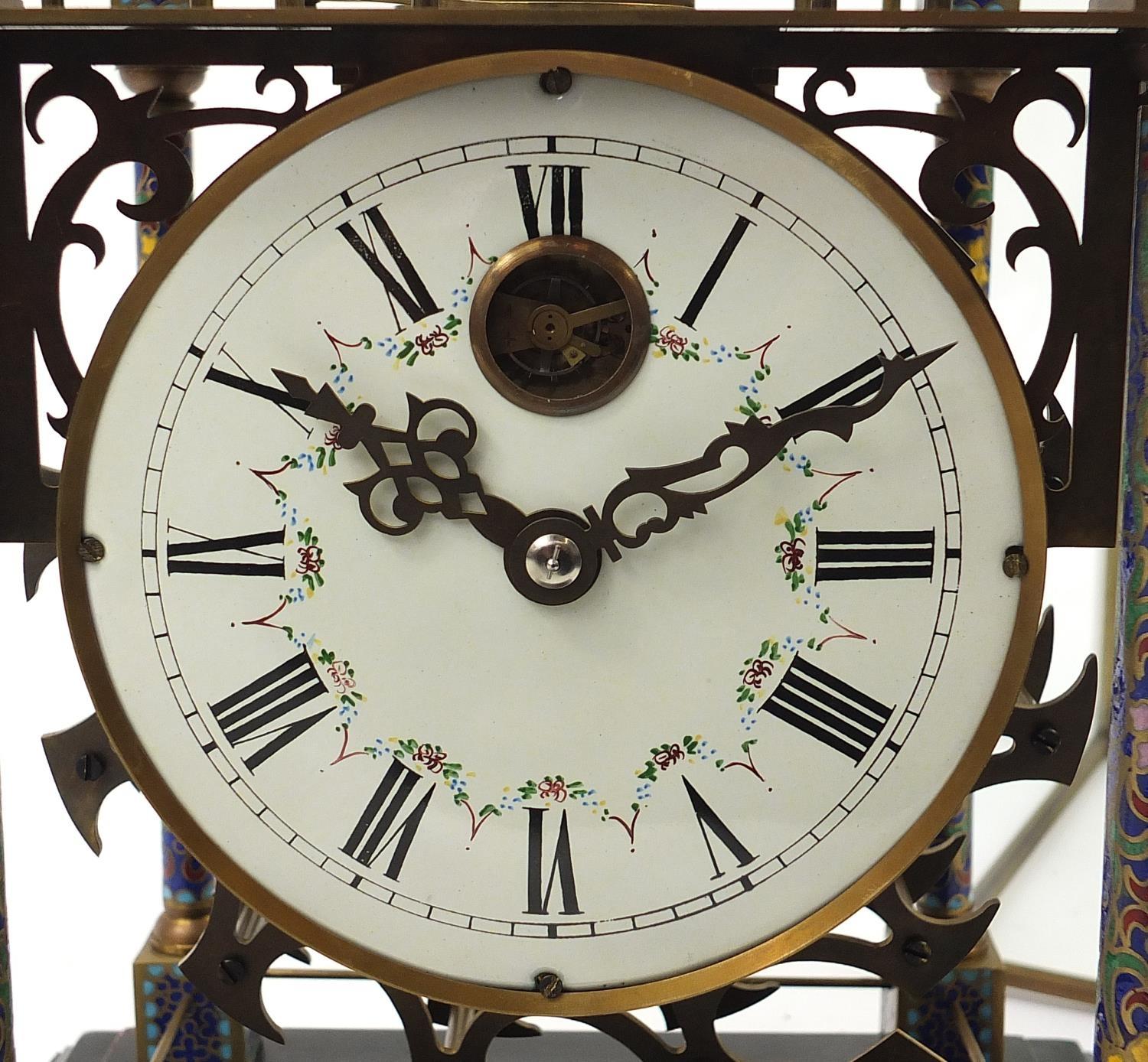 Champlevé enamel rolling ball clock with enamel dial having Roman numerals and glass display case, - Image 8 of 8