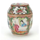 Chinese porcelain Canton barrel box and cover hand painted in the famille rose palette with