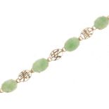 Chinese 14ct gold and cabochon green jade bracelet, 18cm in length, 9.4g