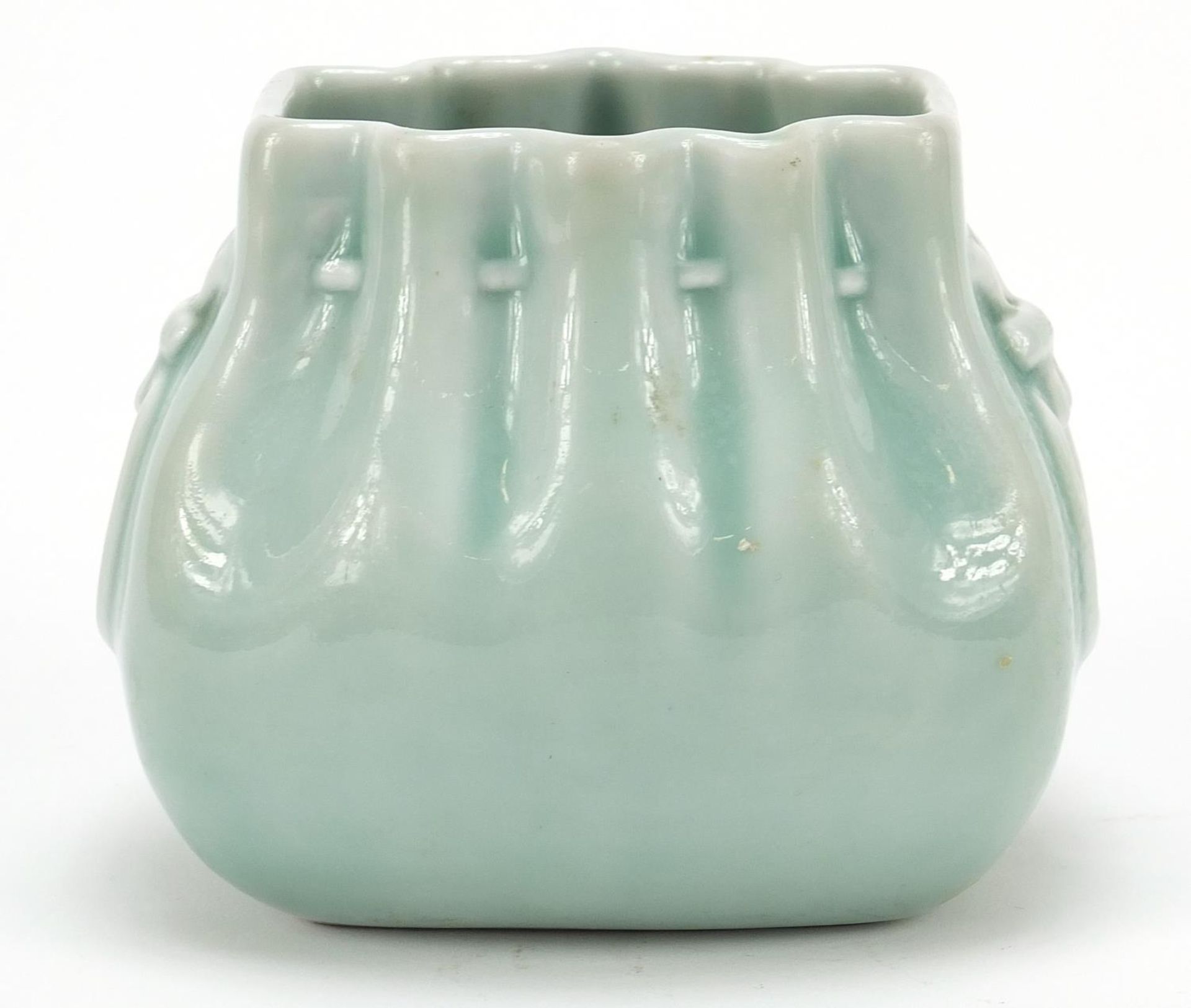 Chinese porcelain sack design vase having a celadon glaze, six figure character marks to the base,