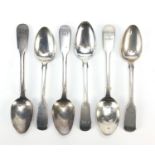 Six George III and later silver teaspoons including two hallmarked London 1794, 14cm in length,