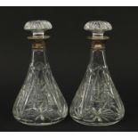 Preece & Williscombe, pair of cut crystal decanters with silver collars, London 1971, 26cm high