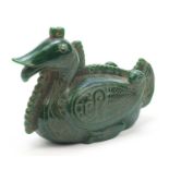 Large Chinese archaic style green jade carving of a duck, 23.5cm in length