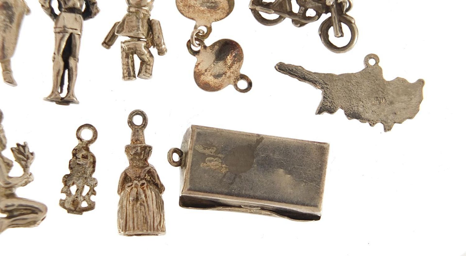 Collection of silver charms including Rupert Bear, hinged first aid box, vintage motorcycle, - Image 8 of 8