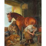 Farrier shoeing a horse, antique oil on canvas, mounted and framed, 55cm x 45cm excluding the