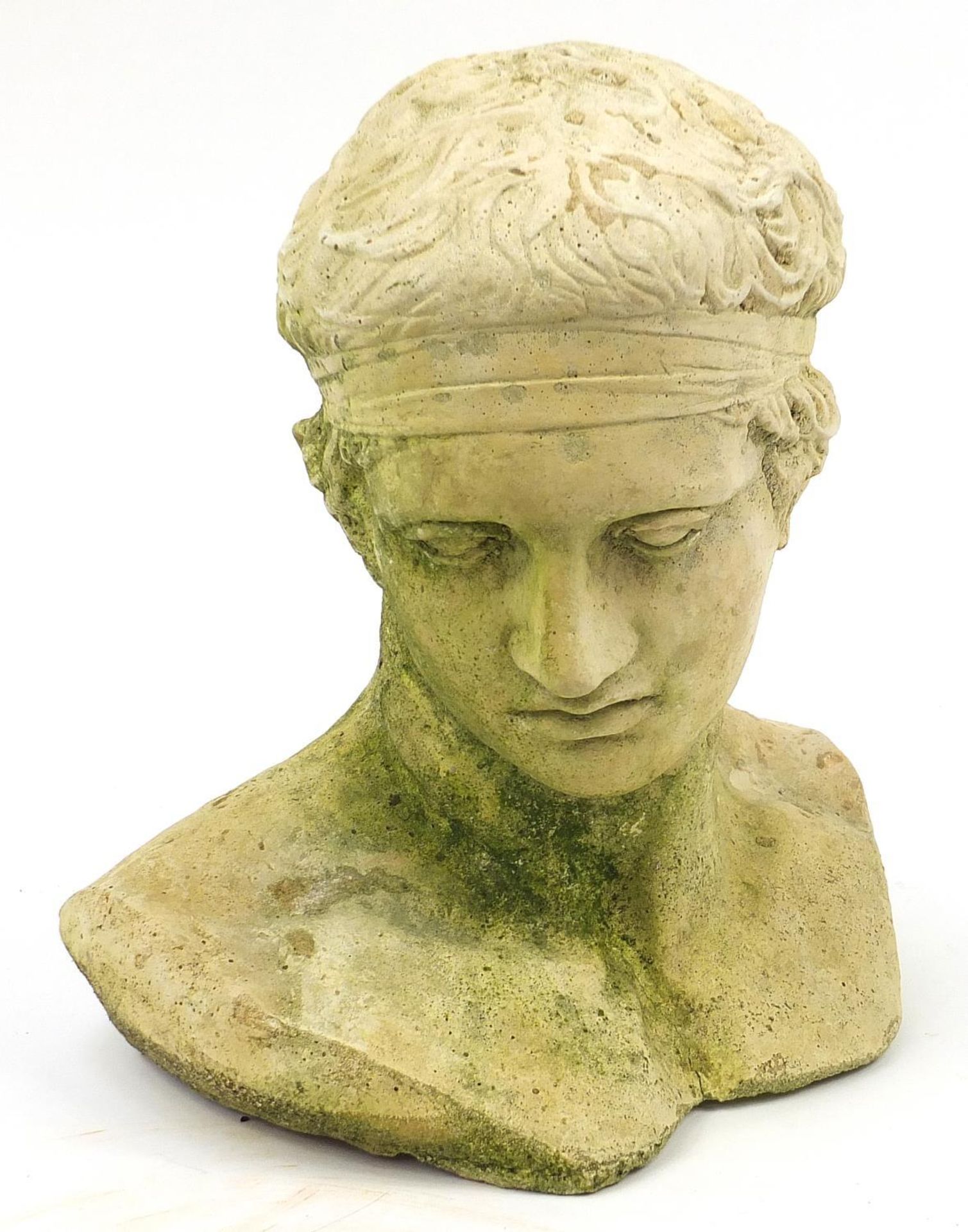 Stoneware garden bust of Diadoumenos, 40cm high