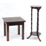 Mahogany side table with frieze drawer and a mahogany plant stand with under tier, the plant stand