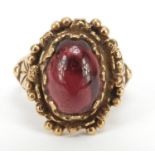 Antique 9ct gold cabochon garnet ring with ornate setting, size N, 7.2g