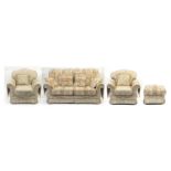 Blue and cream floral upholstered two seater settee with two armchairs and storage footstool, the