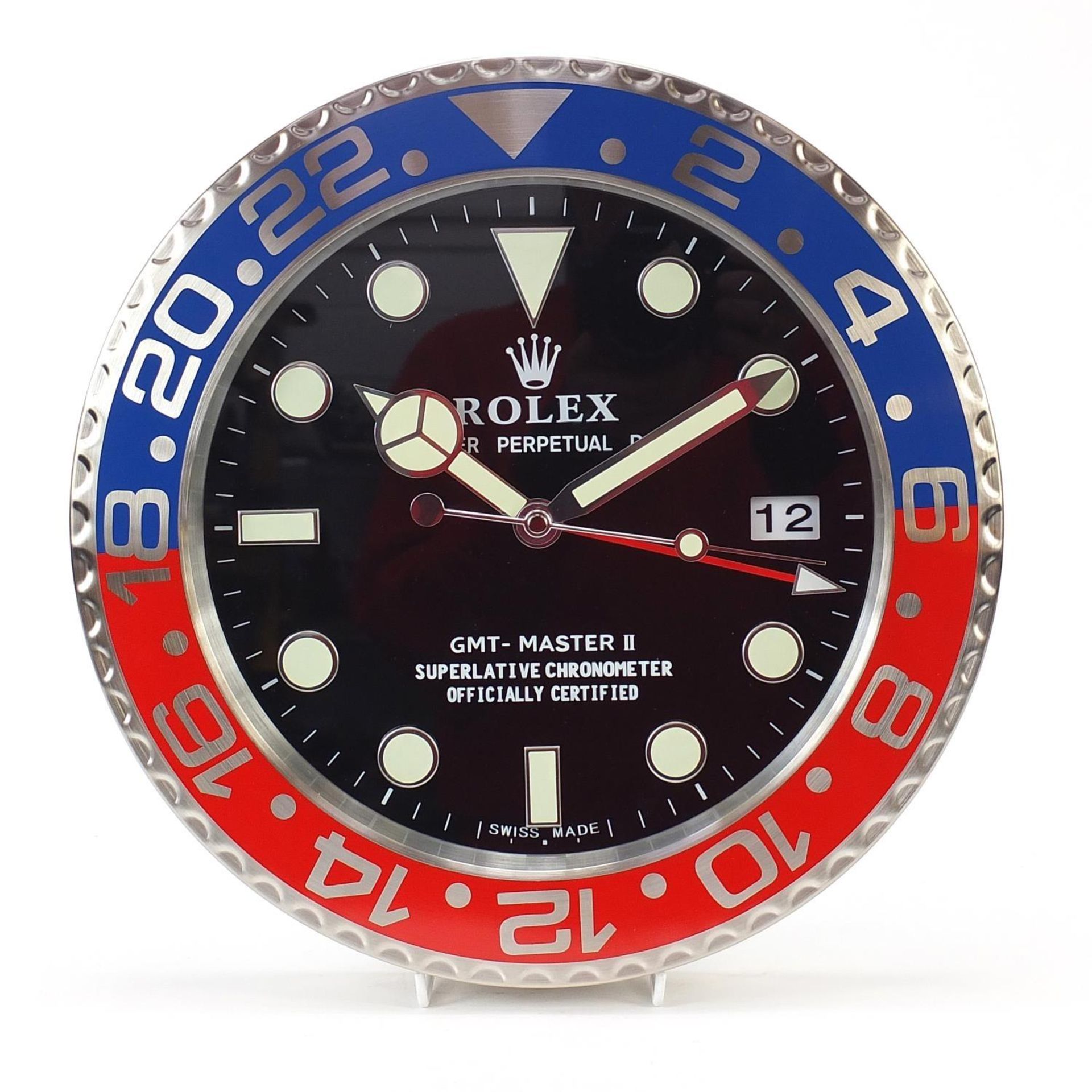 Rolex GMT Master II dealer's display design wall clock, 33.5cm in diameter