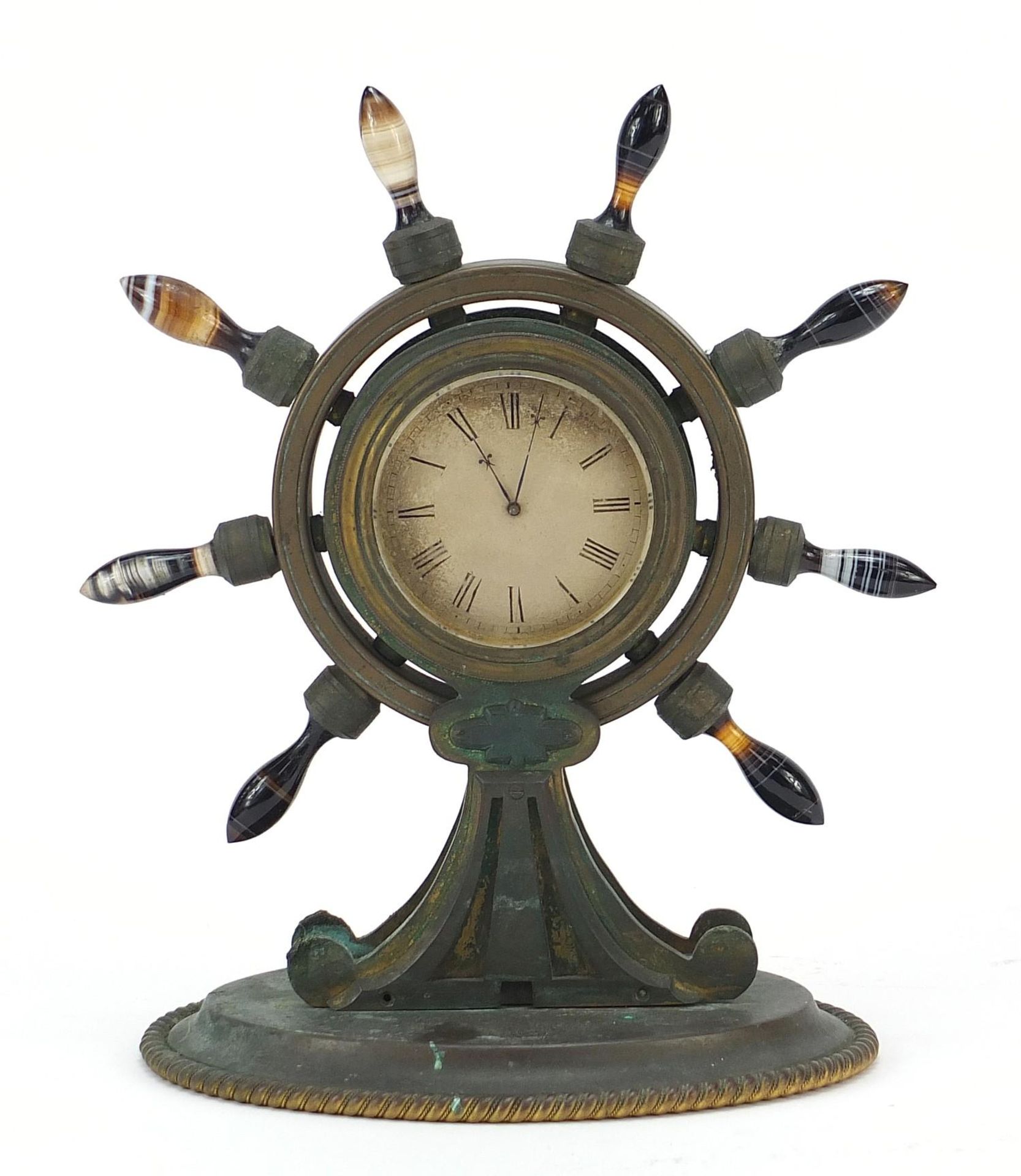 19th century gilt bronze ship's wheel design mantle clock with Scottish agate handles and Roman - Image 2 of 6