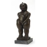 Modernist patinated study of a nude female in the style of Ferdinand Botero raised on a square black