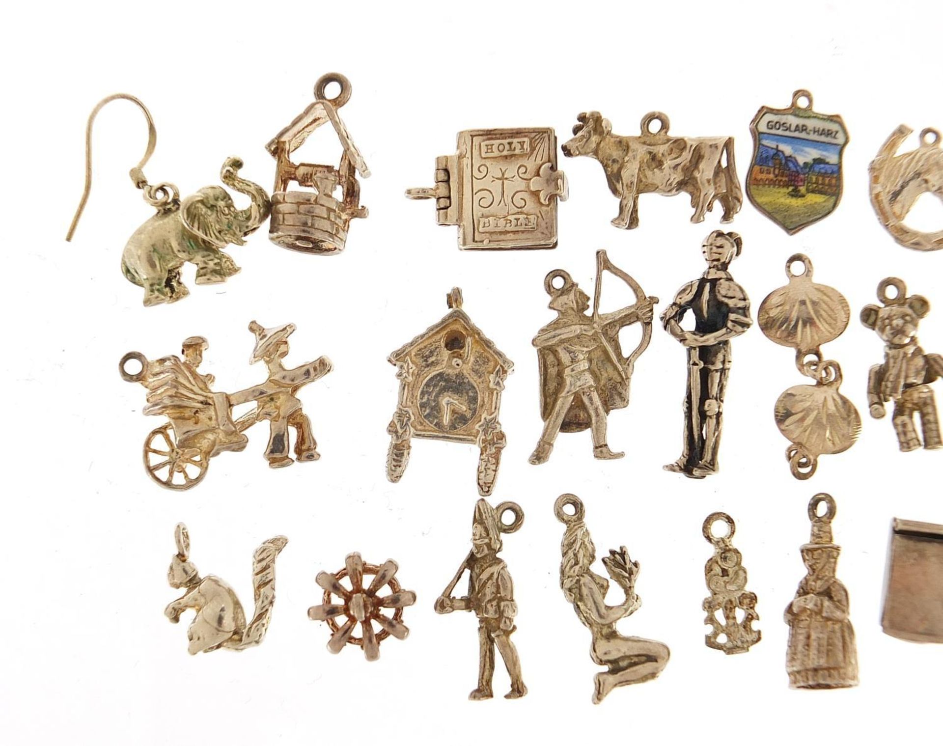 Collection of silver charms including Rupert Bear, hinged first aid box, vintage motorcycle, - Image 2 of 8