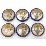 Set of six Japanese Satsuma pottery buttons, each hand painted with a bird amongst bamboo grove,