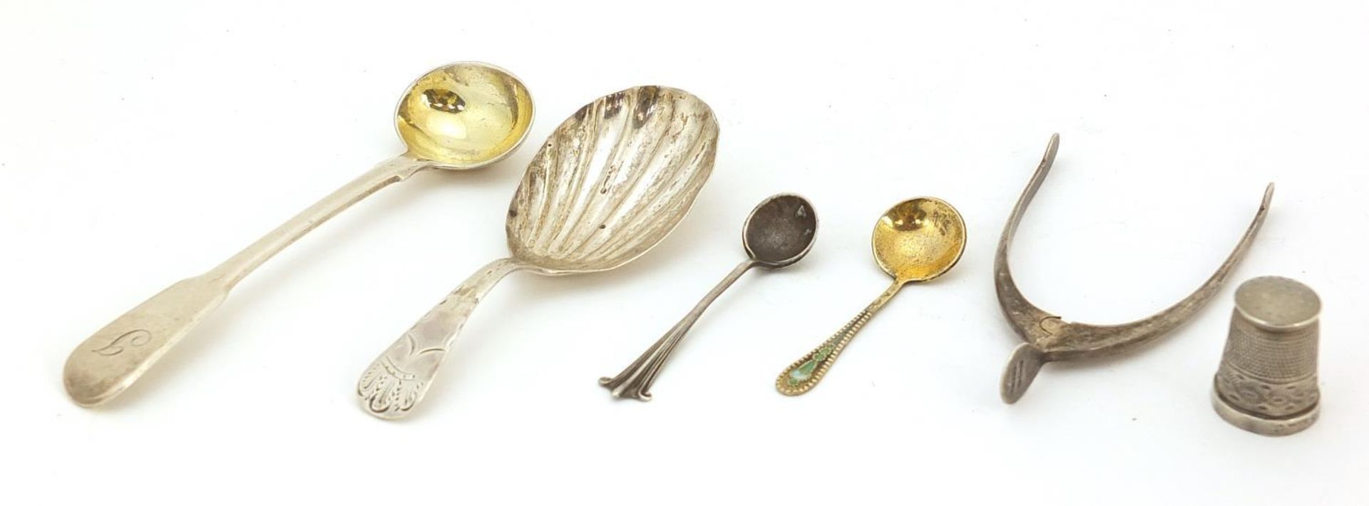 Georgian and later silver objects including a Georgian shell shaped caddy spoon, pair of wishbone - Image 2 of 6