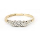 9ct gold and platinum diamond three stone ring, size S, 1.7g