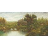 River landscape with bridge and cottages, oil on board, framed, 121cm x 59.5cm excluding the frame