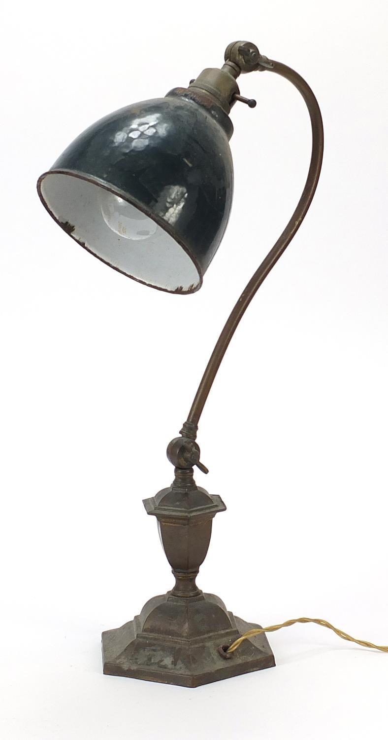 Early 20th century brass adjustable table lamp with enamelled shade, numbered 1027 to the base, 48cm