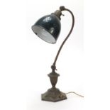 Early 20th century brass adjustable table lamp with enamelled shade, numbered 1027 to the base, 48cm