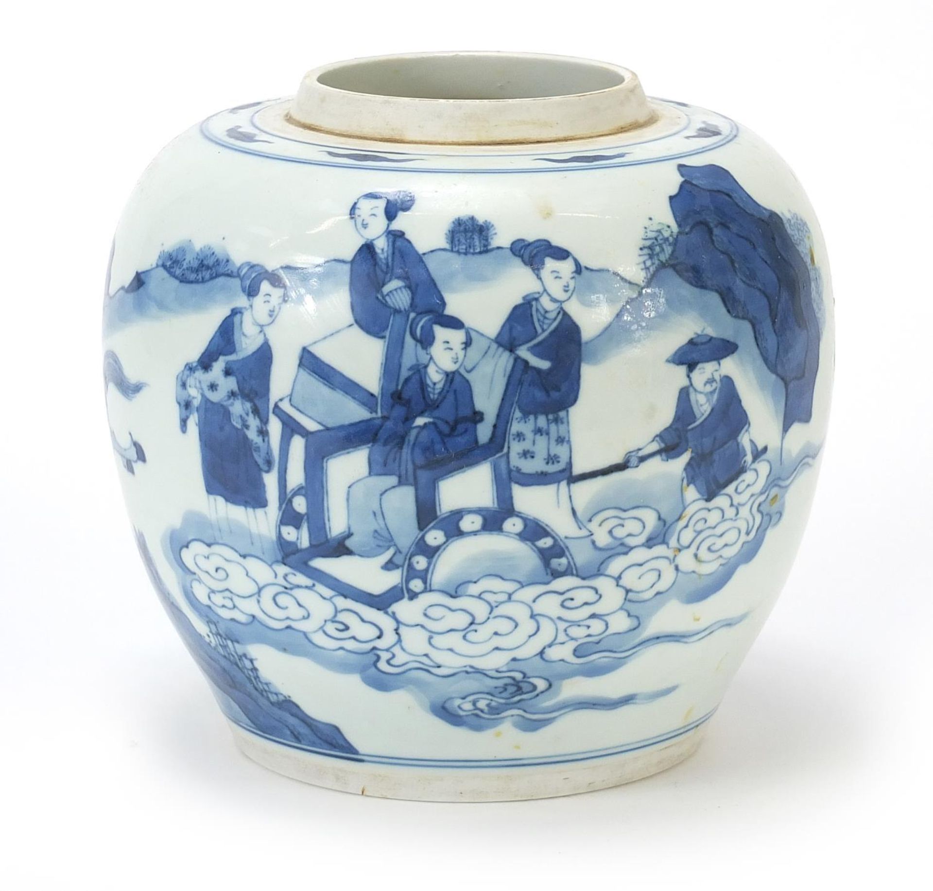 Chinese blue and white porcelain ginger jar hand painted with figures in a palace setting, Kangxi