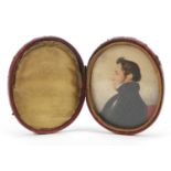 Georgian oval hand painted portrait miniature of a gentleman housed in a red leather case with