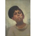Portrait of a boy smoking a cigarette, 19th Italian school oil on canvas, mounted, framed and