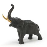 Large Japanese Meiji period patinated bronze elephant with ivory tusks, three figure character marks
