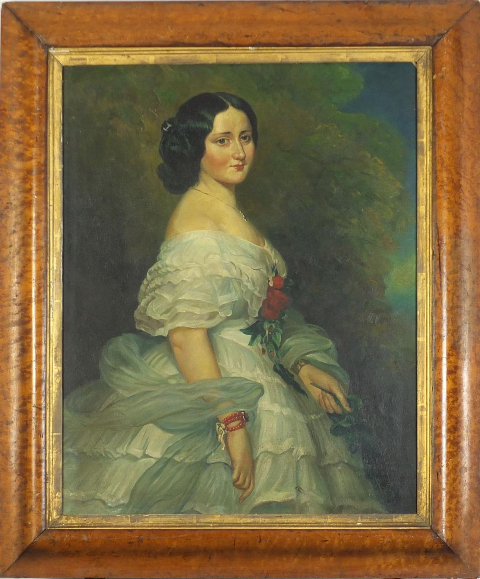 Portrait of a female wearing a white dress, Old Master style oil on board, mounted and framed, - Image 2 of 3