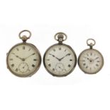 Two gentlemen's silver open face pocket watches and one ladies, each with enamelled dials, the