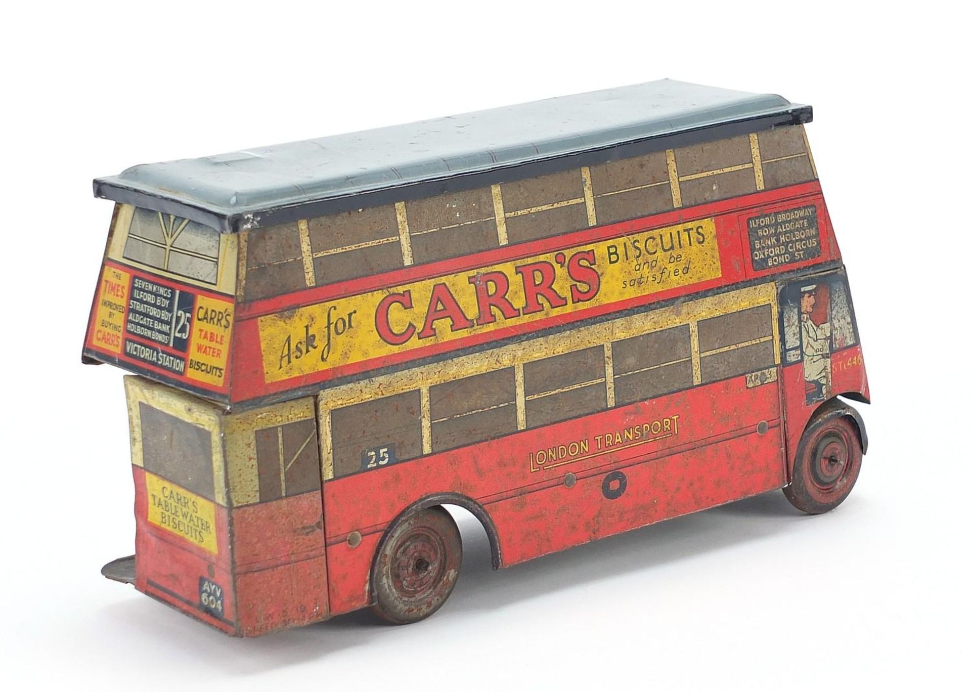 Vintage Chad Valley Toys tinplate London Transport bus biscuit tin advertising Carr's biscuits, 25cm - Image 2 of 5