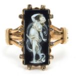Antique cameo glass and diamond ring depicting a maiden, housed in an R M Seale & Co box, size O,