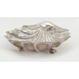 Atkin Brothers, large Victorian silver shell shaped bowl embossed with flowers, raised on three
