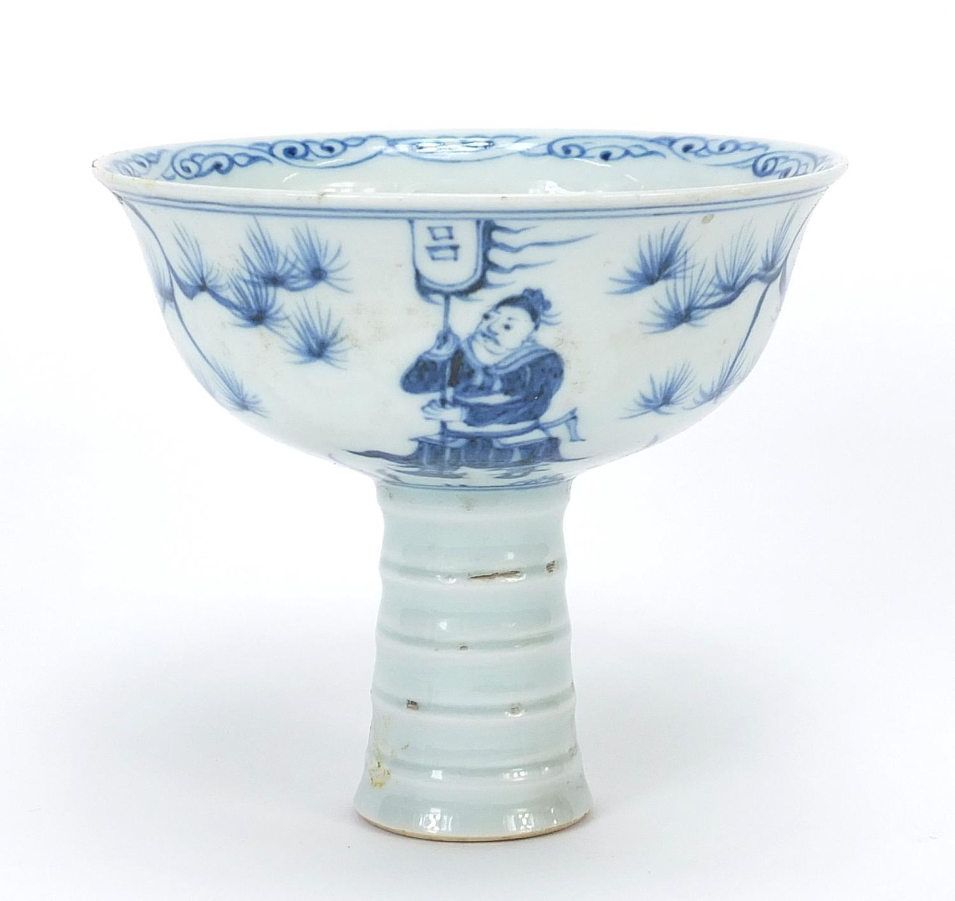 Chinese blue and white porcelain stem bowl hand painted with warriors, 11cm high x 12.5cm in