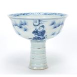 Chinese blue and white porcelain stem bowl hand painted with warriors, 11cm high x 12.5cm in