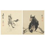 Two Chinese pictures with character marks and red seal marks including one of a horse, mounted,