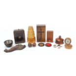 Antique and later treen including a Chinese carved coconut bowl, oak fish weight and rosewood box