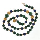 9ct gold malachite and lapis lazuli necklace, 38cm in length, 22.4g