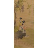 Two young females beside water, Chinese watercolour scroll with red seal marks and calligraphy, 83cm