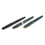 Three vintage fountain pens including Parker and Shaeffer, two with gold nibs