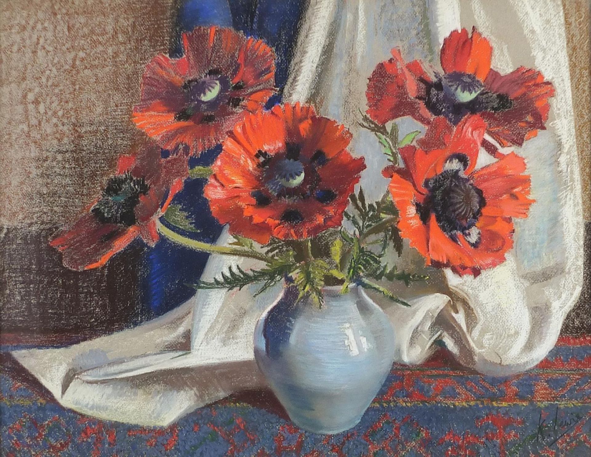 Kathleen Lewis - Red poppies, pastel, mounted, framed and glazed, 61cm x 47cm excluding the mount