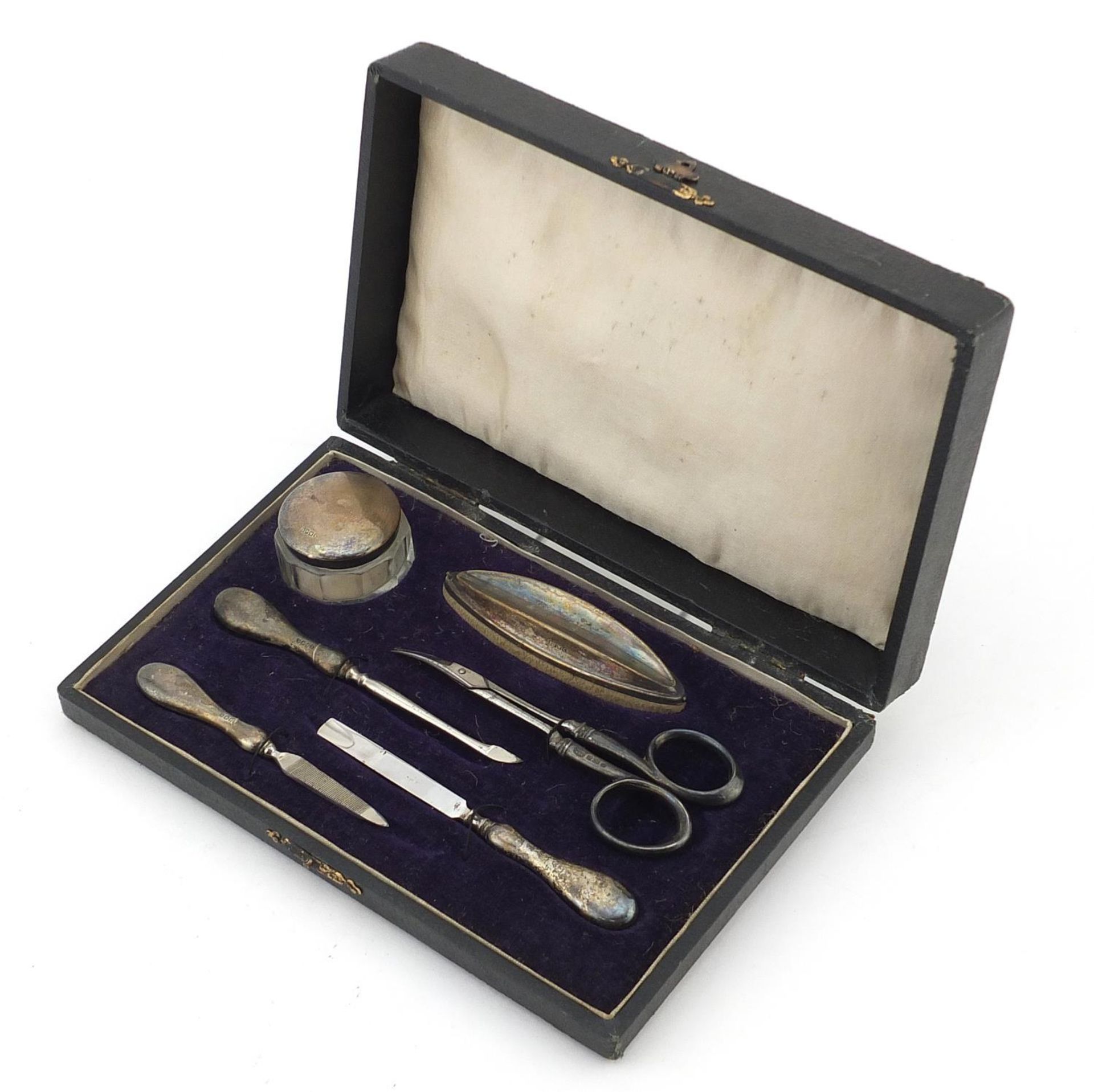 19th century silver plated six piece vanity tool set housed in a velvet and silk lined fitted case - Image 7 of 7