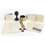 British militaria including Christmas cards, leather dog tags, trench shell and folding map