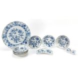 Meissen, German Blue Onion pattern porcelain including large plate and set of eight dishes, the