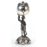 Russian silver caster with hinged lid and Putti support, impressed marks, 10cm high, 62.0g