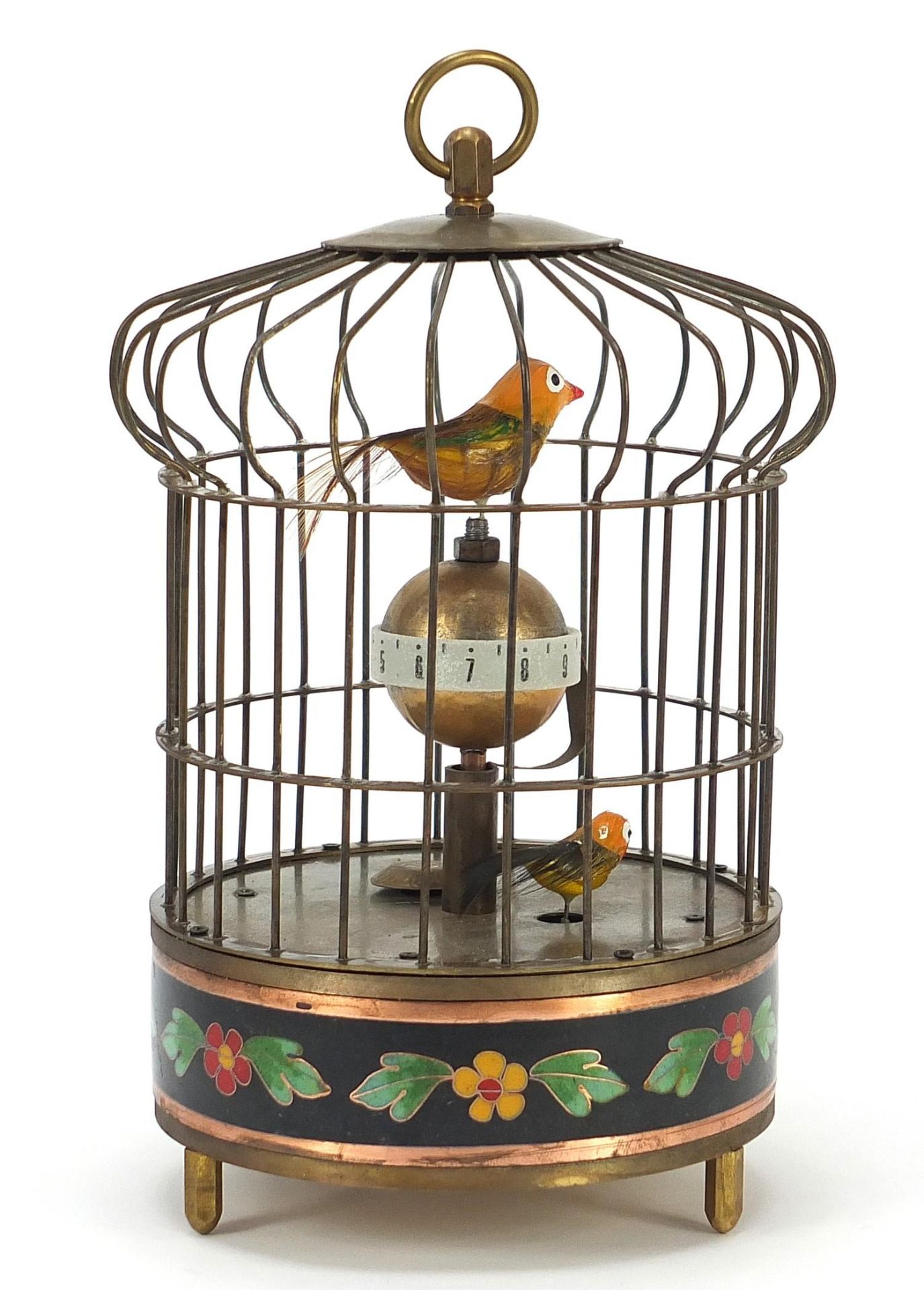 Brass clockwork automaton bird cage alarm clock with cloisonné band, 19.5cm high - Image 2 of 4