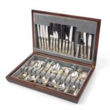 Eight place canteen of Sheffield silver plated cutlery housed in a mahogany canteen, the case 45.5cm