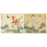 Butterflies amongst flowers, pair of Chinese watercolours on silk with character marks and red